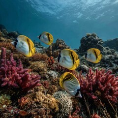 Fototapeta premium Colorful Coral Reef Scene with Butterfly Fish Swimming Gracefully