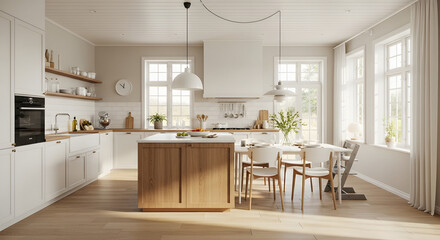 Elegant Kitchen Interior: A beautifully designed, sun-drenched kitchen boasts a harmonious blend of modern and classic design, creating a warm and inviting space. 