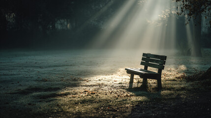 Fototapeta premium A photo of a lonely bench in a dewy park with soft sunbeams cutting through mist during morning