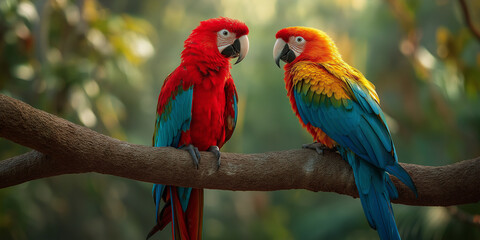 Obraz premium Two vibrant parrots with colorful plumage sit on tree branch in lush forest, creating lively and natural scene. sunlight filters through leaves, enhancing their vivid colors
