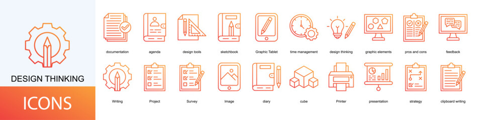 Design Thinking icon collection set. Containing documentation, agenda, design tools, sketchbook, Graphic Tablet, time management icon