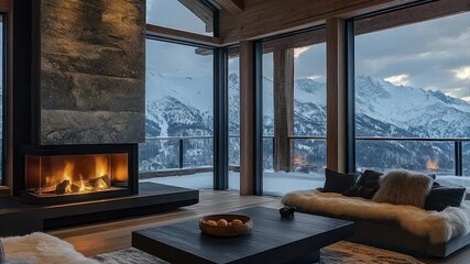 Modern chalet living room with fireplace, stunning snowy mountain views, and plush seating - Powered by Adobe