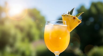 Pineapple Juice in Glass with Pineapple Slice Garnish, Refreshing Summer Drink