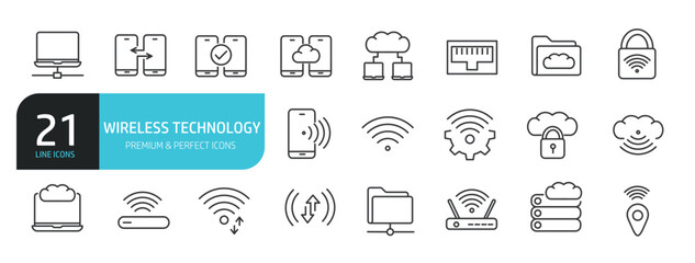 Set of line icons related to wireless, signal, network. Outline icons collection. Editable stroke. Vector illustration