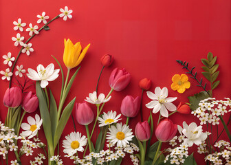 Obraz premium Blossom Bouquet: A vibrant array of diverse flowers showcases a spectrum of colors on a bold backdrop, a celebration of floral beauty and springtime renewal.