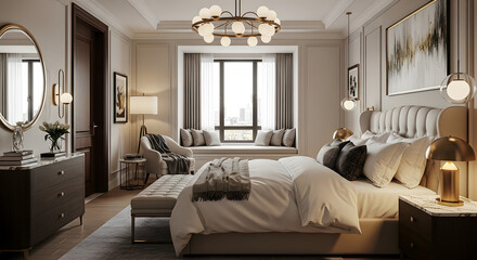 Fototapeta premium Luxurious Bedroom Oasis: Experience the epitome of comfort and elegance within this beautifully furnished bedroom, adorned with plush bedding, designer accents, and a calming ambiance.