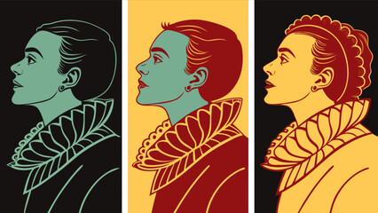 Vintage pop art portrait of elizabethan woman with ruff collar in retro color block style illustration