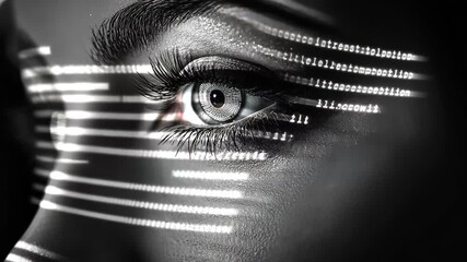 Futuristic digital interface scanning female eyes in urban setting, Futuristic digital interface scanning female eyes - Powered by Adobe