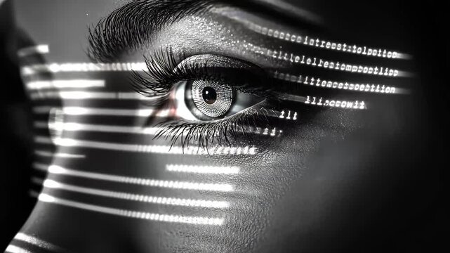 Futuristic digital interface scanning female eyes in urban setting, Futuristic digital interface scanning female eyes