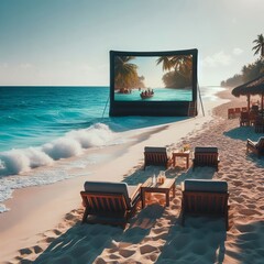 A movie screening is held on the beach with a large screen set u