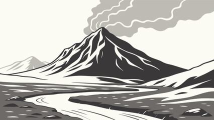 Volcano eruption landscape vector illustration, mountain scenery, nature background, travel destination