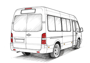 Technical drawing of a passenger minibus, back view, isolated on a white background. The minibus has a rear door and visible tail lights. The sketch emphasizes the vehicle's rear structure and design 