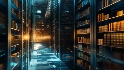 Futuristic digital library, data center with bookshelves and abstract lights - Powered by Adobe