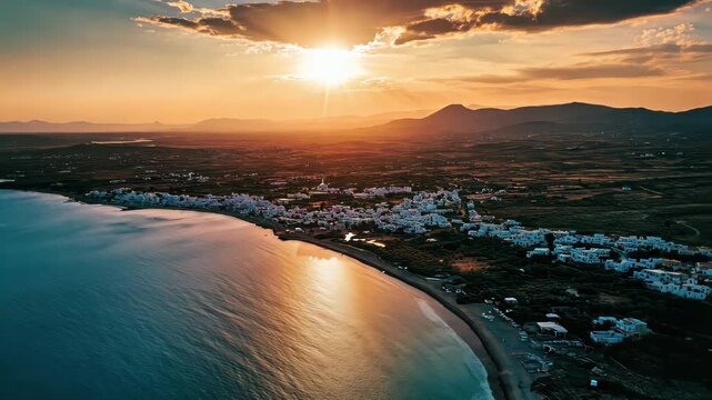 Sunset over the tranquil sea coast of Paros island showcasing natural beauty and local architecture, Sea coast of Paros island in Greece aerial landscape panorama Greece travel
