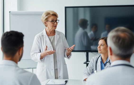 Confident female doctor in white coat speaking to a group of medical professionals during a team meeting or training session in hospital.
