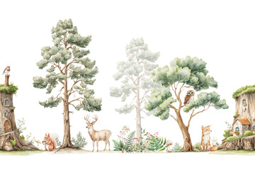 A serene forest environment features tall trees, a deer, a squirrel, an owl, and a fox. Each animal is surrounded by vibrant foliage, creating a whimsical setting.