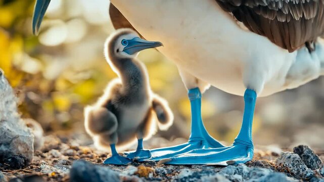 A blue-footed booby chick stands near its parent, emphasizing the bond in this Galapagos wildlife scene. The vibrant blue feet stand out, a true symbol of island nature.