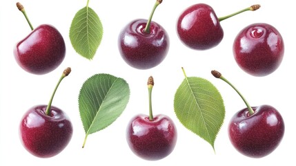 Fresh cherries and green leaves arranged artistically on a white background for culinary design