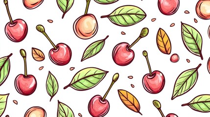 Vibrant illustration of cherries and leaves in a seamless pattern, ideal for textiles or wallpapers