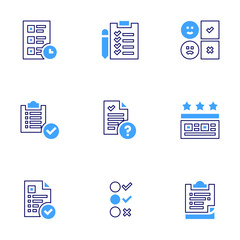 Survey icon set. Bold line style. Duotone colors. Editable stroke. survey, compliance, checklist, protocols, project status, rating, customer review, report