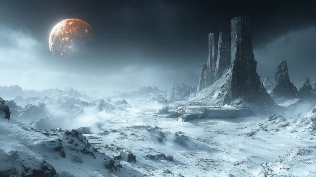 Alien snowscape with towering rock formations under a large, orange moon