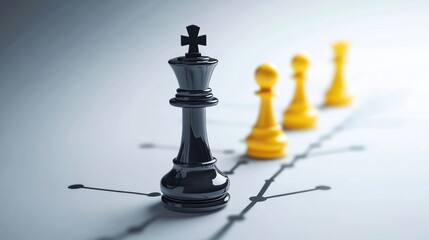 Black king chess piece stands prominently in foreground with yellow pawns in a strategic lineup