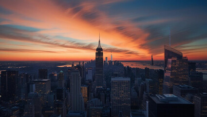 the beautiful skyline of a modern futuristic city with many skyscrapers and a beautiful sunset