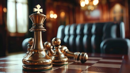 Elegant chess pieces on a wooden board in a luxurious room with vintage decor and soft lighting