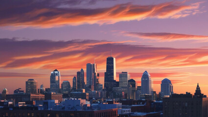 Obraz premium the beautiful skyline of a modern futuristic city with many skyscrapers and a beautiful sunset