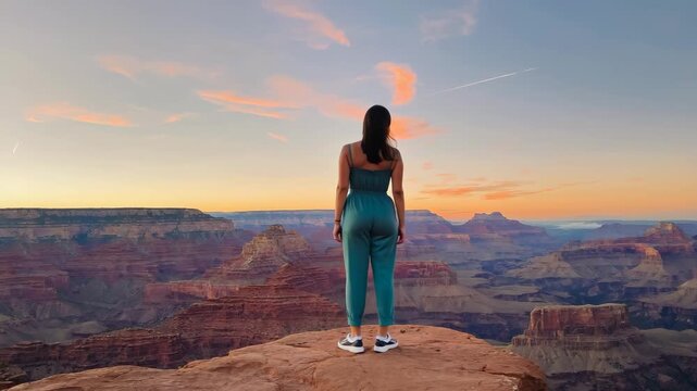 Woman enjoying view at Grand Canyon at sunrise