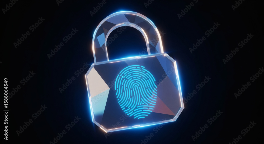 Poster futuristic crystal padlock with fingerprint scan for secure access and identity