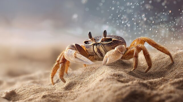 beach crab with hairy legs and claws stands on grainy sand with  soft blurred background