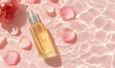 plain skincare amber glass bottle with atomizer with no label surrounded by soft light pink water ripples and light pink rose petals. 