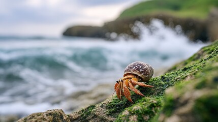 Hermit crab with patterned shell on mossy rock beside ocean waves crustacean