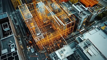 Aerial view of a city construction site with digital overlay, showcasing urban development and activity