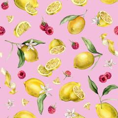 Obraz premium Seamless pattern with watercolor illustration of slice and whole lemon, peel or zest Lemon and raspberry. Repeat ornament Hand painted lemon with green leaf and white flowers on isolated background.
