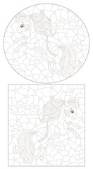 Obraz premium Set of contour illustrations in the style of a stained glass window with cute horses, dark outlines on a white background
