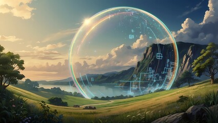 ゲーム背景　大自然の中にあるバブル型エアードームバリアー