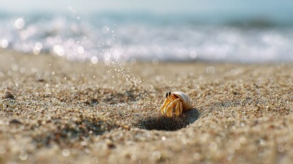 single hermit crab emerges from its shell on  sun drenched sandy beach with  ocean blurred in  background