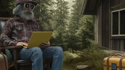 Remote Work Retreat: Senior Man with Laptop and Companion at Rustic Forest Cabin