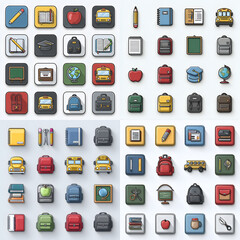 Modern flat 3D school icon set including backpacks, school buses, notebooks, books, apples, globes, writing tools and blackboards, perfect for e-learning platforms, educational apps and teaching mater