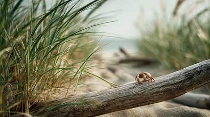 Small hermit crab with claws perched on weathered driftwood on sandy beach with tall grass