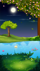 Vector Illustration of moonlit nature landscape with a swan swimming in a lake, surrounded by trees, flowers, and grassy meadow
