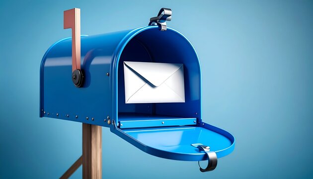 Open blue mailbox with white envelope