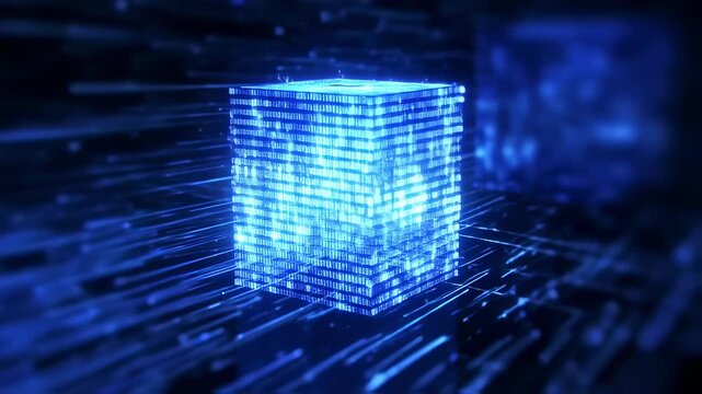 Digital cube glowing with blue light