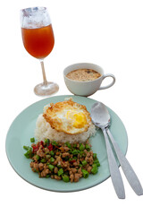 Rice with stir-fried pork and fried egg on white background