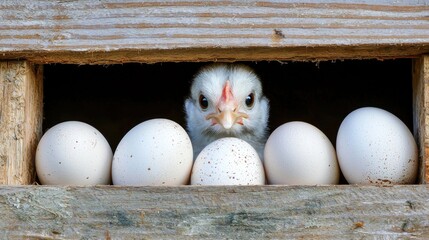 Chick emerging from eggs in a rustic wooden crate, surrounded by unhatched eggs, depicting new life