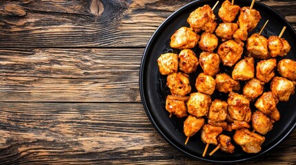 Grilled Chicken Skewers on a Black Plate Surrounded by Rustic Wooden Table Background