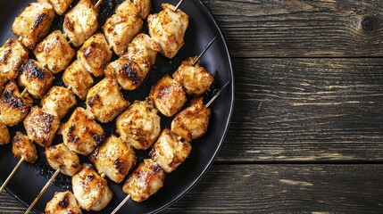 Grilled chicken skewers arranged on a black plate, showcasing a delicious meal on rustic wooden table