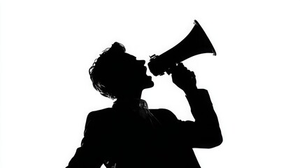 Dynamic silhouette of a male executive using a megaphone, symbolizing leadership, energy, and communication on white.